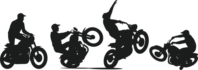 Motorcycle stunt riders silhouettes, extreme biking action poses for sport and adrenaline illustration © Sume