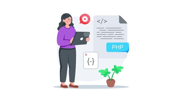 Creatively crafted flat animated illustration of php web development and server side scripting