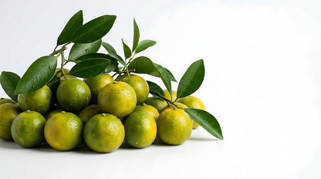 Buah jeruk segar dan daun hijau yang menampilkan hasil panen alami di atas latar belakang putih bersih