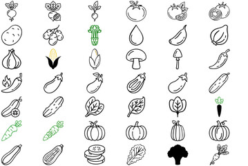 Mega Vector Icon Set of 42 Fresh Vegetable Icons featuring Beetroot, Tomato, Potato, Garlic, Onion, Corn, Mushroom, Eggplant, Chili, Cucumber, Carrot, Spinach. Minimalist Flat Line Art for Food.