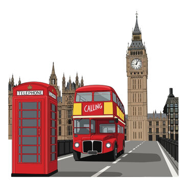 Iconic London Scene: Red Double Decker Bus and Telephone Box with Big Ben