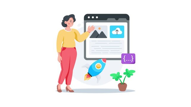 A high quality flat animated illustration of website launch and digital startup growth