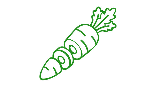 Minimalist vector illustration of a fresh sliced carrot with green leaves, featuring a clean line art style and vibrant orange gradient, perfect for healthy food icons and vegetable graphics.