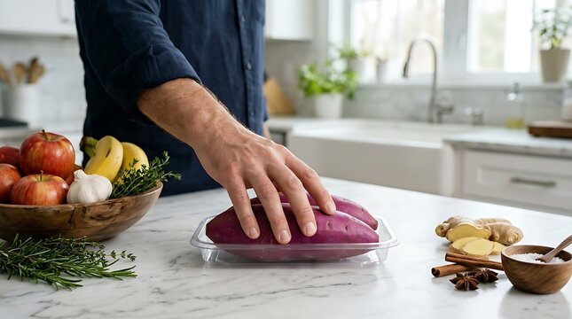 Pria mempersiapkan bahan makanan di dapur dengan menaruh ubi ungu segar di atas piring kaca, di lingkungan dapur modern dengan pencahayaan alami yang cerah