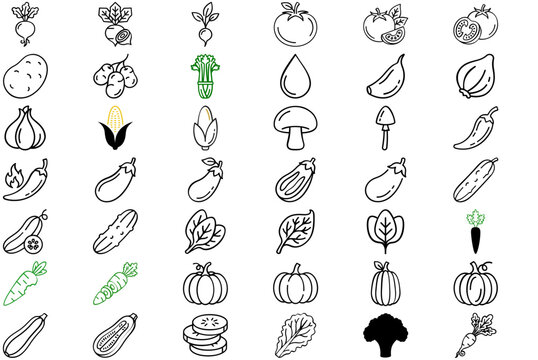 Mega Vector Icon Set of 42 Fresh Vegetable Icons featuring Beetroot, Tomato, Potato, Garlic, Onion, Corn, Mushroom, Eggplant, Chili, Cucumber, Carrot, Spinach. Minimalist Flat Line Art for Food.