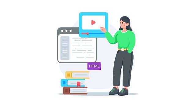 Educational flat animated illustration of html coding tutorial and web training
