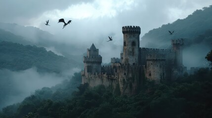 Naklejka premium Abandoned medieval castle surrounded by fog, dragons flying low around the walls, mysterious and threatening vibe, cinematic 8K 