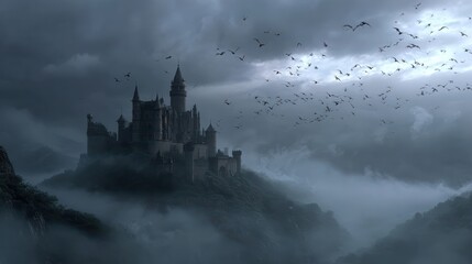 Naklejka premium Fog-drenched castle under dark sky, dragons circling slowly, cinematic horror-fantasy look, 8K