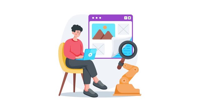 Modern flat animated illustration of automated software testing and quality assurance
