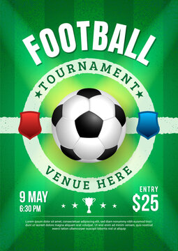 Football tournament poster design vector illustration. The spotlights shone light onto the football in the center of the field.