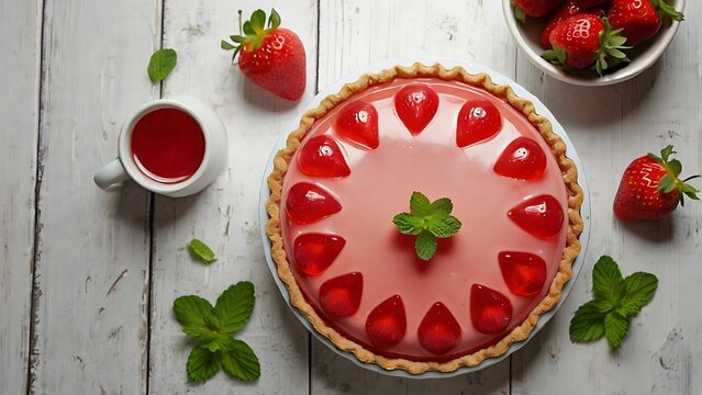 Top view of Homemade Strawberry jello pie on a white wooden table. Baked crust pie with No-bake filling. Lots of fresh strawberry and strawberry gelatin made with gelatin and cornstarch, mint.