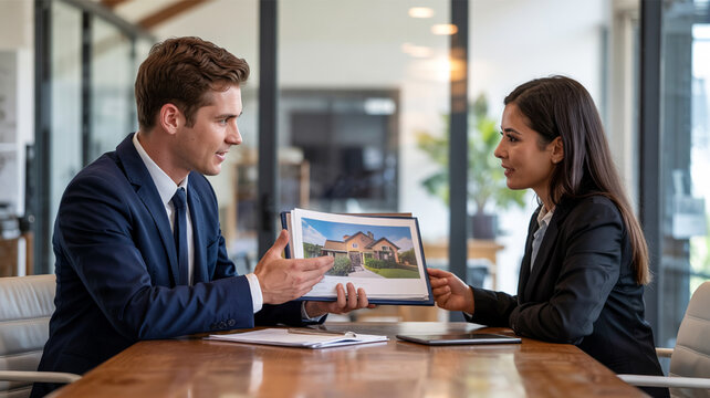 Real estate agent showing house photography to young female client during business meeting in modern office space discussing property investment deal.