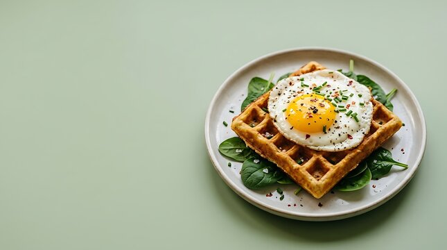 Tampilan Sarapan Waffle Telur Ceplok Segar dengan Daun Bayam di Piring Putih Modern