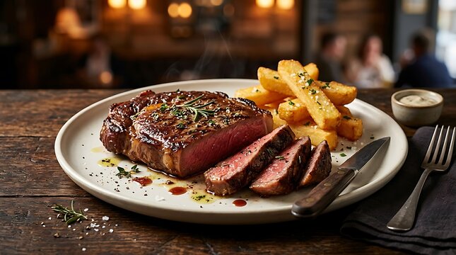 Potongan daging steak sapi matang disajikan bersama kentang goreng dan saus, cocok untuk hidangan restoran dan makan malam mewah