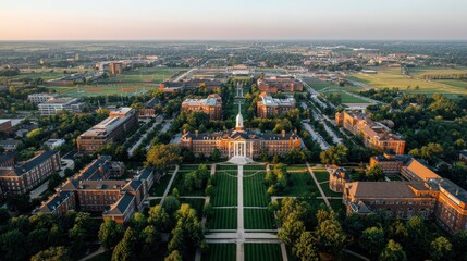 Fototapeta premium Bird's-eye view of a large university campus with red brick buildings and green quad
