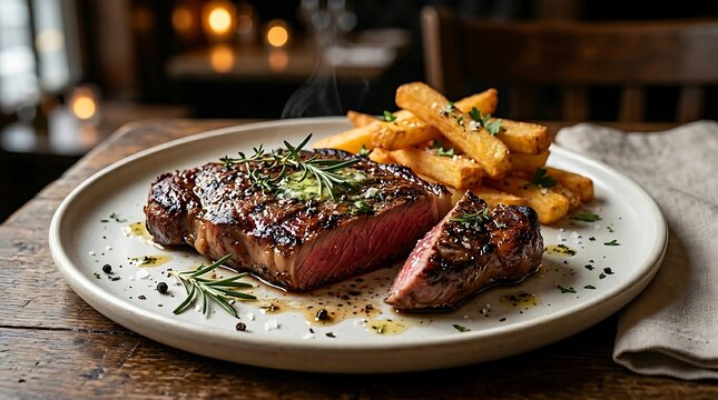 Steak daging sapi panggang dengan kentang goreng dan rempah segar di atas piring makan malam modern