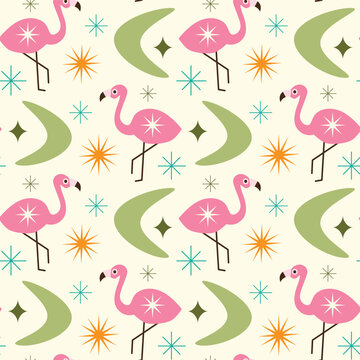 Mid Century pink flamingo seamless pattern with sage  green boomerangs and atomic starbursts. For retro backgrounds, fabric, home d&eacute;cor and wallpaper.