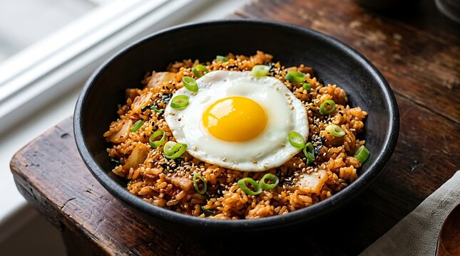 Nasi Goreng Jepang dengan Telur Mata Sapi dan Bawang Daun Segar di Piring Hitam Menggoda Selera