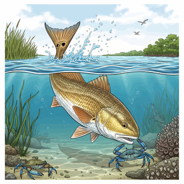 Redfish hunting blue crab in shallow water habitat vector illustration,