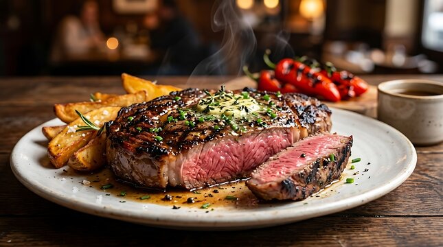 Daging Steak Sapi Panggang dengan Kentang Goreng dan Sayuran di Restoran Cozy