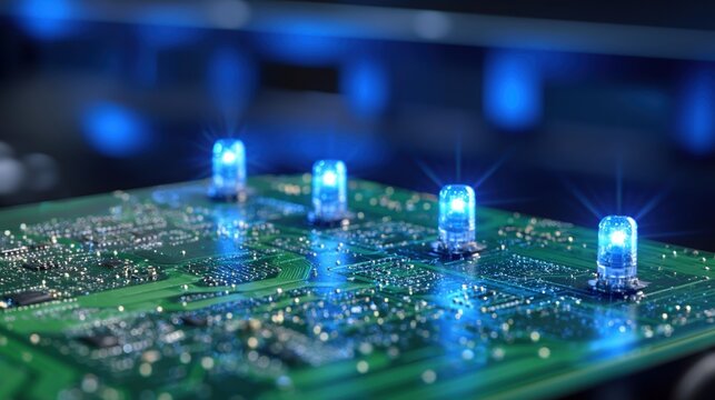 Close-up of a green circuit board with glowing blue LEDs, representing technology and innovation.