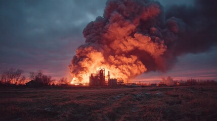 Fototapeta premium Dark smoke and flames: the stark reality of industrial complex vulnerabilities. Daily life. Dusk eruption: oil facility ablaze with intense flames and billowing smoke. True story.