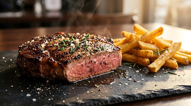 Potongan steak daging sapi matang dengan kentang goreng di piring hitam Estetika makan daging berkualitas tinggi dan natual