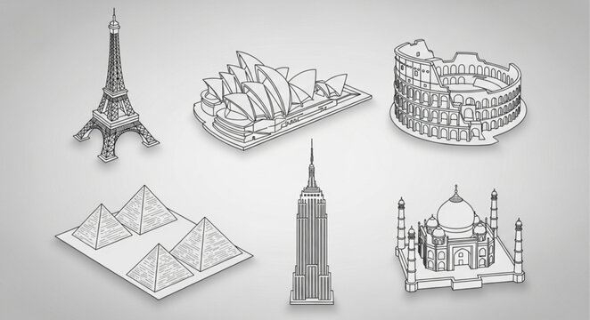 Collection of Famous World Landmarks in Sketch Style.
