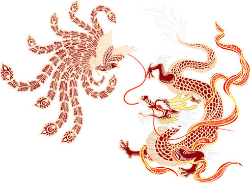 dragon and phoenix batik decoration vector