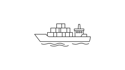 Minimalist black line vector icon of a cargo ship with stacked containers on waves, side view illustration for logistics, shipping, and global trade concepts, scalable outline design. © Uzzal