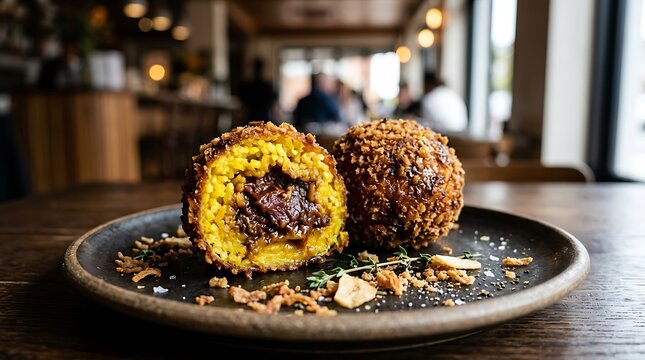 Hidangan kroket isi daging dan keju dalam piring hitam di restoran modern