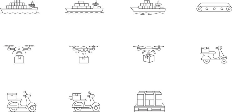 Logistics and Shipping Vector Icon Set: 11 Minimalist Black Line Outline Illustrations of Delivery Drones, Cargo Ships, Scooters, Conveyor Belts, and Pallet Loads for Global Trade and Transport.