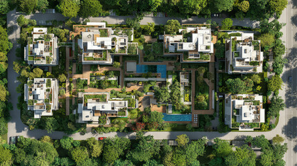 Obraz premium Aerial view of modern architectural complex surrounded by lush greenery and harmonious landscaping.