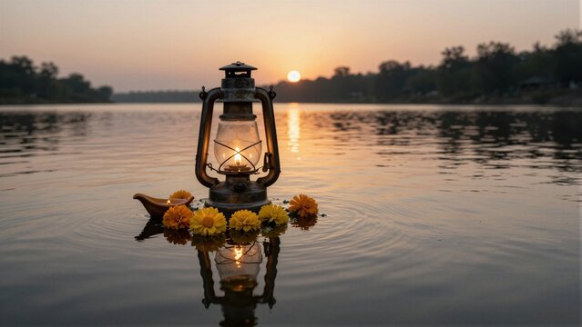 An oil lamp and marigold flowers float on a calm river at sunset, with soft focus background.