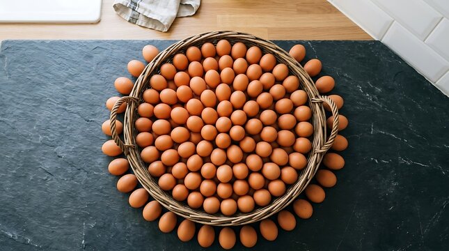 Keranjang besar berisi telur mentah segar di dapur modern untuk bahan masakan sehat dan alami