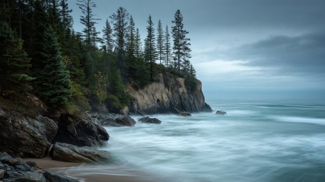 Misty seaside with pine covered cliffs gentle waves caressing rocky shore serene cool tones.
