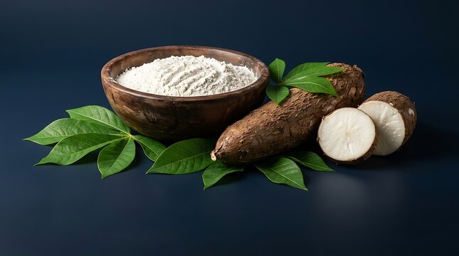 Singkong Segar dan Tepung Singkong dalam Mangkok Dengan Daun Hijau Untuk Resep Makanan dan Kesehatan