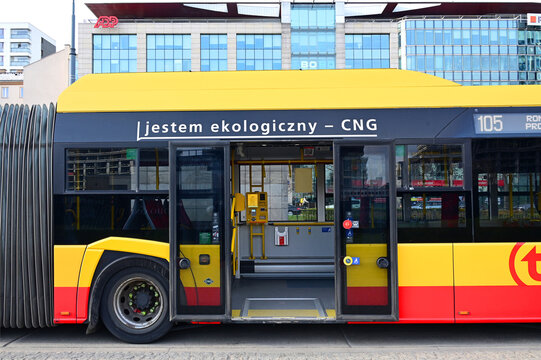 Warsaw, Poland, Europe - 03.2026 : Ecological bus - Solaris Urbino CNG, 'Jestem ekologiczny' means 'I am ecological', manufactured by Polish company Solaris Bus & Coach in Bolechowo near Poznan