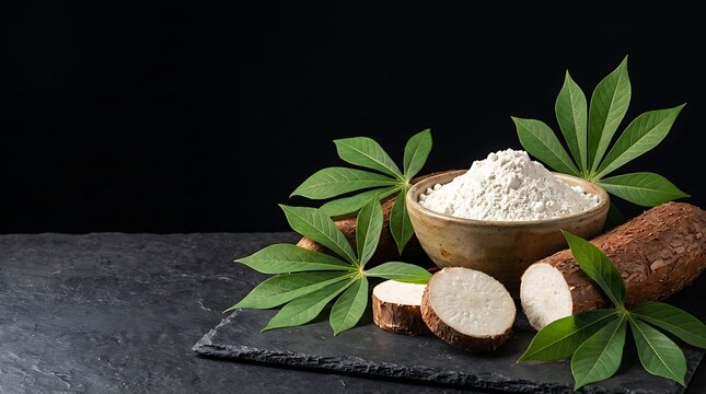 Serbuk Tepung Singkong dalam Wadah Kayu dan Daun Hijau Segar untuk Bahan Makanan Tradisional Indonesia