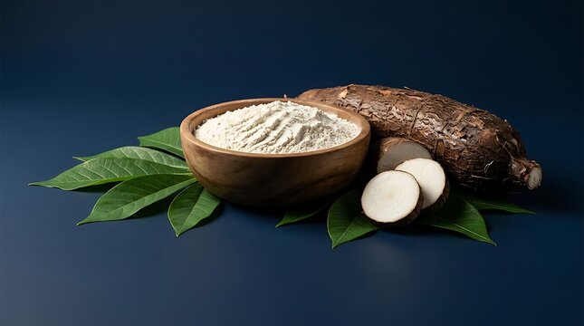 Bubuk tepung dari singkong segar dan umbi singkong di atas daun hijau dengan latar belakang gelap, bahan alami dan sehat untuk pembuatan kue dan makanan tradisional