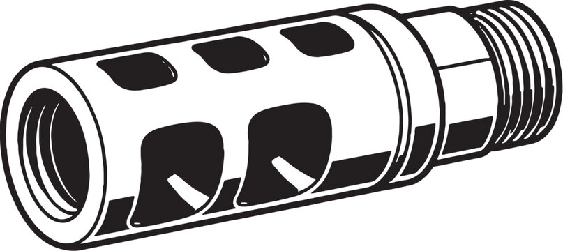 Muzzle brake device line art vector firearm accessory vented barrel attachment black and white outline illustration