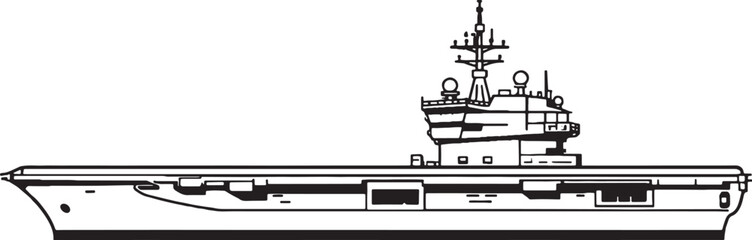 Light aircraft carrier naval ship side view black and white vector line art illustration isolated © Bui