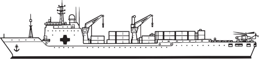 Logistics support vessel cargo ship side view black and white vector line art illustration isolated © Bui