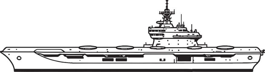 Helicopter carrier naval ship side view black and white vector line art illustration isolated © Bui