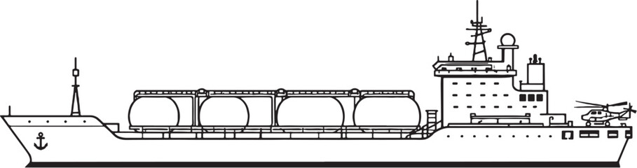 Fuel tanker naval ship oil transport vessel side view black and white vector line art illustration isolated © Bui