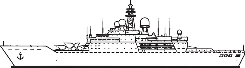 Fleet command ship naval vessel side view black and white vector line art illustration isolated © Bui