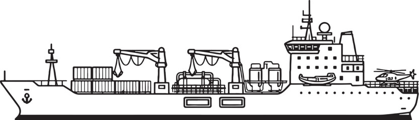 Fleet support ship naval vessel side view black and white vector line art illustration isolated © Bui