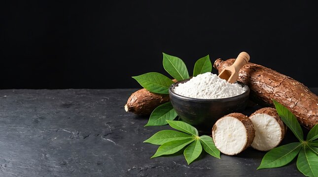 Bubuk Tepung Singkong Segar dan Umbi Singkong dengan daun hijau untuk masakan tradisional Indonesia