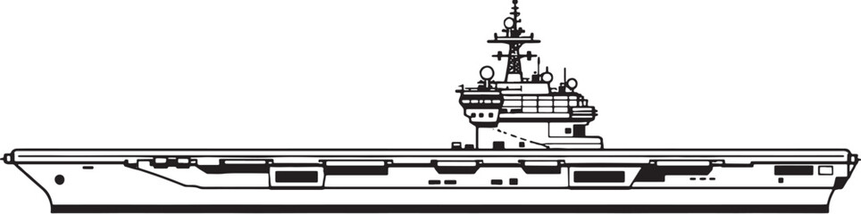 Aircraft carrier naval ship side view black and white vector line art illustration isolated © Bui