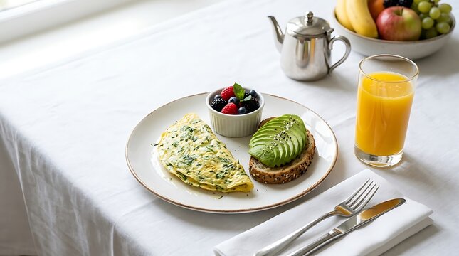 Pakej Sarapan sehat dengan omelet, roti gandum, buah-buahan segar, dan jus jeruk di meja makan cerah dan bersih